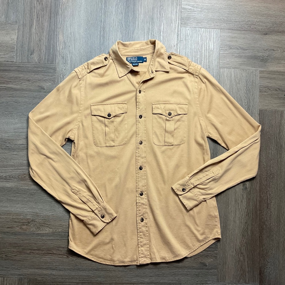Vintage Polo Ralph Lauren Utility Shirt Mens Medium Tan Cotton Military Safari